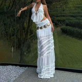 Vacation Style Lace Mesh Splicing Sleeveless Suit Dress Niche Design High-End Hanging Neck Splicing Skirt Women's Clothing HZ1208