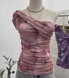 Net Yarn Printed Slanted Shoulder Sling Vest Retro Design Folding Temperament Short Blouse 8009 HZ1208