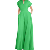 2025 Women's Loose Fashion Elegant Short-Sleeved V-Neck Solid-Colored Broad-Legged Jump-Legged Jumpsuit HZ1208