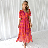 2025 Summer Print V-Neck Sexy Bohemian Bubble Sleeve Holiday Beach Dress HZ1208