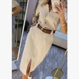 Summer Casual Fashion One-Step Skirt 2025 New Ins Style Simple Straight V-Neck Long Dress HZ1208