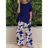 2025 Plus Code Lady Two-Set Set Of Stylish Short-Sleeved Round Collar Top Wide Leg Trousers Print Casual Dress HZ1208