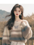 Autumn Fashion Style Sweater Korean Soft-Creative Languid Lazy Super-Good-Looking White Striped Print Sweater HZ1208