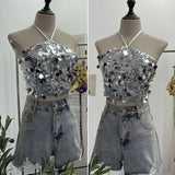 Heavy Industry Bling Bling Glide Hanging Neck Sling Vest One-Style Wrapping Tie With Large Bare Back Blouse 1083 HZ1208
