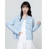 Blue Round Collar Knitted Cardigan Women 2025 Spring And Autumn New Loose Design Thin Sweater Coat Short Top HZ1208