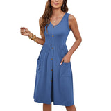 Summer Dress Casual Fashion Foldless Sleeveless Buckle Long With Pocket HZ1208