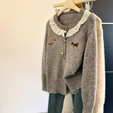 The Neckpeek Tat-Stip-Up T-Shirt Coat Women's Autumn And Winter New Gentle Wind Cartoon Puppy Embroidered Long-Sleeved Sweater HZ1208