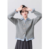 Fake Two POLO-Necked Sweater Women's Spring And Autumn 2025 Spring And Autumn New College Style Splicing Knitted Cardigan Women's Top HZ1208