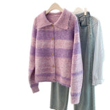Knitted Purple Striped Soft-Clip Single-Dcupy Clasp-Clip Sweater Women's Cardigan Jacket 2025 New Autumn And Winter Top HZ1208