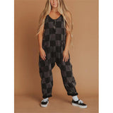 2025 Women's Check-Print Leisure Large Pocket Jumpsuit Wish Loose Back HZ1208