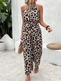 Sexy Leopard-Print Sleeveless Leopard Print Women's Broad Leg Trousers Jumpsuit HZ1208