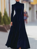 Women's Autumn And Winter Gold Velvet High Collar Bubble Sleeves To Close The Waist Big Dress Elegant Long Dress HZ1208