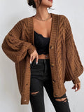 Mahua V-Neck Solid-Colored Open-Shirt Autumn And Winter Lazy Lantern Sleeve Loose Single-Caught Sweater Coat Woman HZ1208