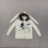 Autumn And Winter Street Retro Collar Rabbit Ear Hooded Hoodie Jacket Y2K Printed Female Top HZ1208