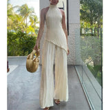 Women's New Asymmetric Neck Collar Blouse High-Waisted Silk Jerk Trousers Set HZ1208