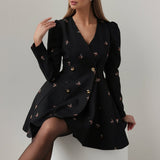 French Fashion Ballet Elements Design Floral Thorn Dress Dress Women's High-End Butterfly Embroidery V-Neck Long Sleeve HZ1208