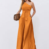 Women's Dress 2025 New Solid Color Collared Shoulder Tie With High-Waisted Broad-Legged Jumpsuit Woman HZ1208