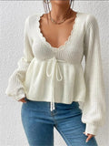 Loose V-Neck Drawstring With Lotus Leaf-Side Skirt Knitted Head Sweater HZ1208