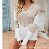 2025 Autumn Women's Knitted Shirt V-Neck Splicing Long-Sleeved Simple Knitted Sweater Simple Match HZ1208