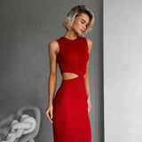 Temperament Fashion Sexy Women's Knitted Waist Collar Sleeveless Bag Hip Dress Simple HZ1208