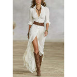 2025 Women's Spring And Autumn Sexy Solid Color Irregular Folding Waist Collar Dress With Belt HZ1208