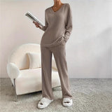 Autumn And Winter New Women's Pure Color V-Neck Loose Blouse Casual Straight Trousers Pit Two Sets HZ1208