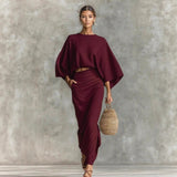 2025 Shein Round Collar Long-Sleeved Top High Waist Skirt Suit Women's Clothing HZ1208