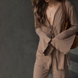 Fashion Casual Light And Thin Tight With Horn Sleeves Loose Waist Straight Trousers Knitting Set Spring And Autumn HZ1208