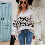 2025 Autumn And Winter New V-Neck Spliced Knitted Shirt Women's Jacket Leopard Print Women's Sweater HZ1208