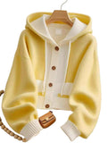 Vintage Style Yellow Splicing Hood Design Sweater Coat Knitted Cardigan Showing Lean Long Sleeves Loose Casual Top HZ1208