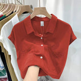 Standing Short-Sleeved Shirt Women's Summer Thin Design Sense Of New Leisure Loose Collar Cover Gas Blouse Tide HZ1208