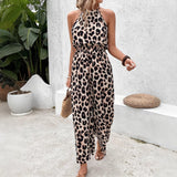 Sexy Leopard-Print Sleeveless Leopard Print Women's Broad Leg Trousers Jumpsuit HZ1208