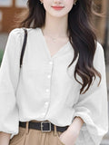 White V-Neck Lantern Sleeve Top Women's Dress 2025 New Early Spring Ocean Design Wears French Chic Shirt HZ1208