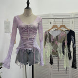 Design Lace Splicing Long-Sleeved T-Shirt Women's Bow Strap Hollow Irregular Blouse 6179 HZ1208