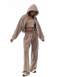 Hooded Short Coat With Breast-Smeared Straight Trouser Trousers Sports Suit Casual Jacket Three-Piece High Street HZ1208