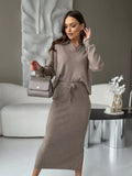 New Knitted Suit For Women's Knitted Yarn For The Autumn/Winter 2025 Soft Open-Fork Sweater Plus T-Shirt With Half-Body Skirt HZ1208