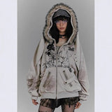 Autumn And Winter Street Retro Collar Rabbit Ear Hooded Hoodie Jacket Y2K Printed Female Top HZ1208