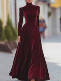 Women's Autumn And Winter Gold Velvet High Collar Bubble Sleeves To Close The Waist Big Dress Elegant Long Dress HZ1208