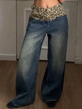 Tide Splicing Retro Leopard-Print Broad-Legged Pants Jeans Women's Niche To Make Old Loose Breathable Straight Pants HZ1208