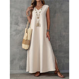 2025 Summer Dress Women's Sleeveless V-Neck Side Opening Dress Elegant Long Dress HZ1208