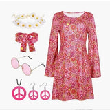 2025 Halloween 70S Hippie Disco Festive Dress Turban + Print Dress Two-Piece HZ1208