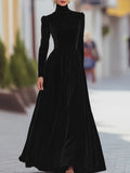 Women's Autumn And Winter Gold Velvet High Collar Bubble Sleeves To Close The Waist Big Dress Elegant Long Dress HZ1208