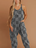 2025 Women's Check-Print Leisure Large Pocket Jumpsuit Wish Loose Back HZ1208