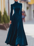 Women's Autumn And Winter Gold Velvet High Collar Bubble Sleeves To Close The Waist Big Dress Elegant Long Dress HZ1208