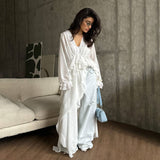 French Temperament Niche Lotus Side V-Neck Irregular Drag-And-Drag Chiffon Sleeve Top HZ1208