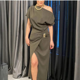 2025 Autumn Women's New Solid-Color Short-Sleeved Straight-In-Fork Temperament Dress HZ1208