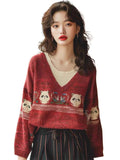 Red Cartoon Embroidery V-Neck Knitted Sweater Women's Autumn And Winter Lazy Wind Loose Leisure Holiday Two Age Reduction Top HZ1208