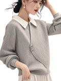 Crash Gray Fake Two Knitted Sweater Women's Autumn And Winter Korean Atmosphere Relaxed Leisure Polo Collar Top HZ1208