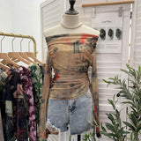 Vintage Graffiti-Printed Shoulder-Threin Mesh Long-Sleeved Blouse Side Drawstring Tethered With Slime T-Shirt 8959 HZ1208