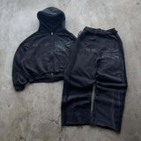 New Two-Piece Hooded Zippered Sweater Street Style Personality Loose Straight Trousers HZ1208